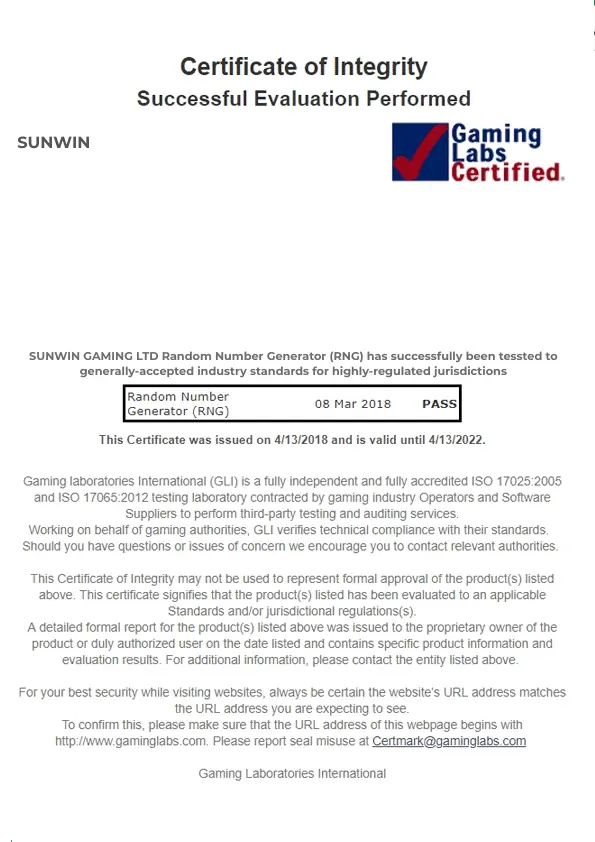 Giấy phép hoạt động từ Gaming Laboratories International